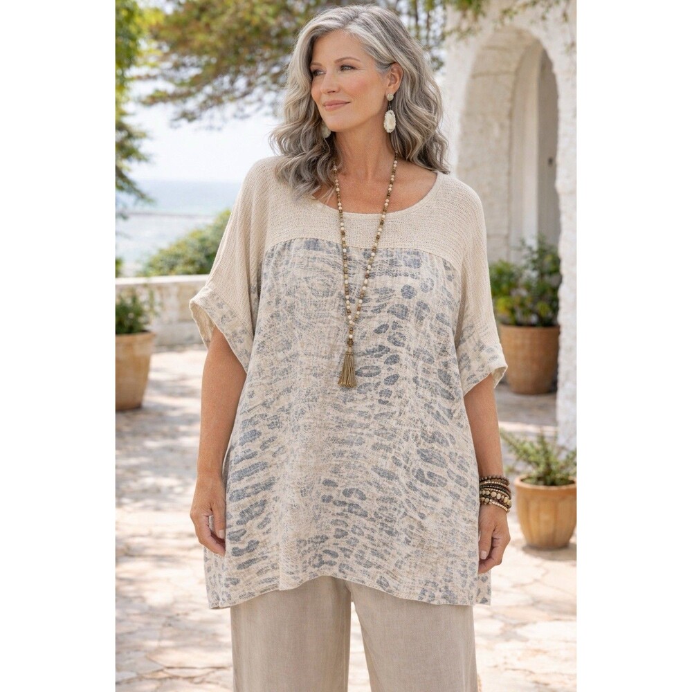 Lungo L'arno Beige Linen Blouse Snakeskin Print Artsy Boho Lagenlook Size 2X